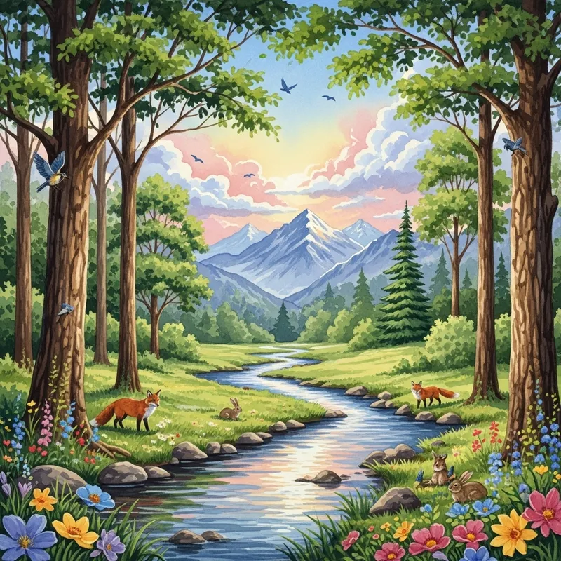 Nature Watercolor Painting with Serene Mountain Stream