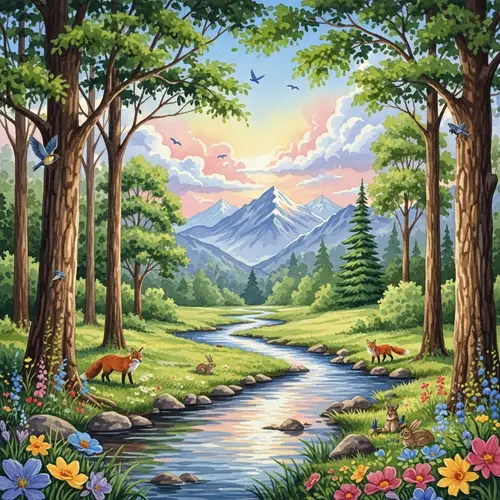 Serenely Flowing Stream Watercolor Painting with Wildlife and Mountain View