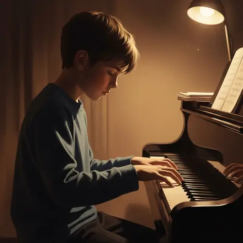 Impressionistic Digital Painting of Boy Playing Piano in Dimly Lit Room