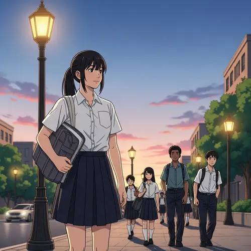 Serene Cityscape at Sunset with Diverse Schoolchildren Walking Home