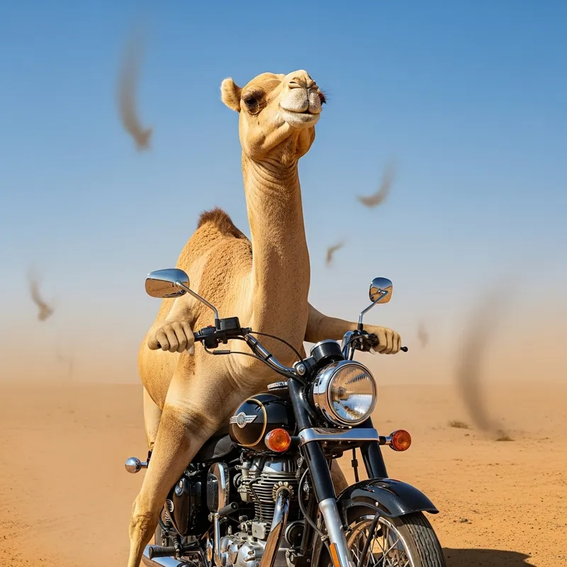 Whimsical Camel Riding a Motorcycle in the Desert