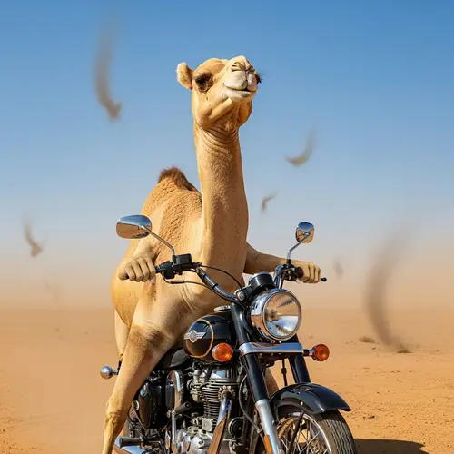 Unique Camel on Motorcycle - Whimsical Desert Adventure