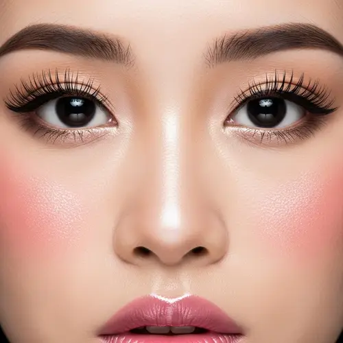 Black Eyes with Long Lashes, Glowing Blush and Shiny Nose - Radiant Face