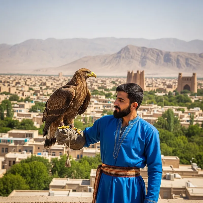 Eagle and Man Embrace in Yazd's Historic Beauty