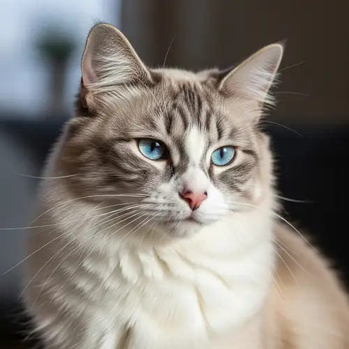 Fluffy Gray and White Domestic Cat with Sky-Blue Eyes