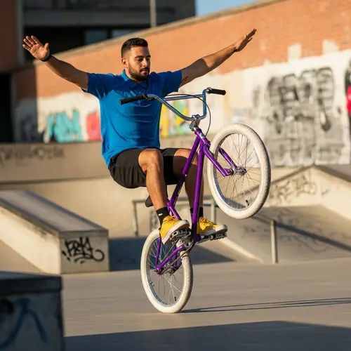 Hispanic Man Performing Wheelie on Purple Bicycle