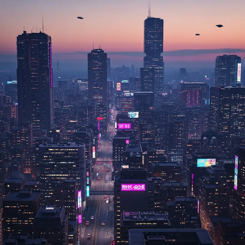 Futuristic Cyberpunk Cityscape - Vibrant Dusk Panorama