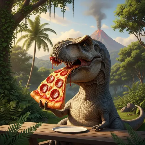 T-Rex Enjoying Pizza - Dinosaur Eating Slice for Fun