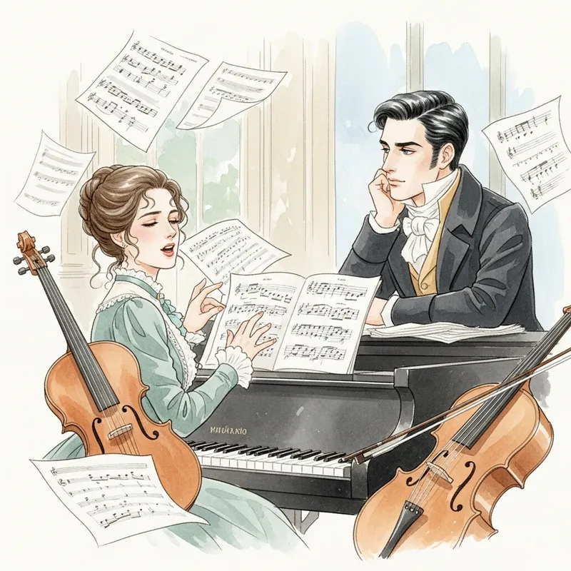Romantic Watercolor of Musicians in 19th Century Setting
