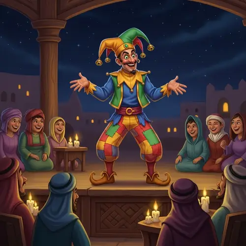 Jester-like Figure Inspired by Abu Nawas on Stage