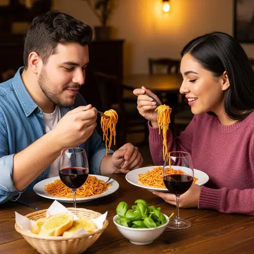 Young Overweight Couple Enjoying Plate of Spaghetti Together