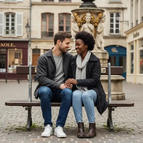 Blossoming Love Story: French City Bench Romance