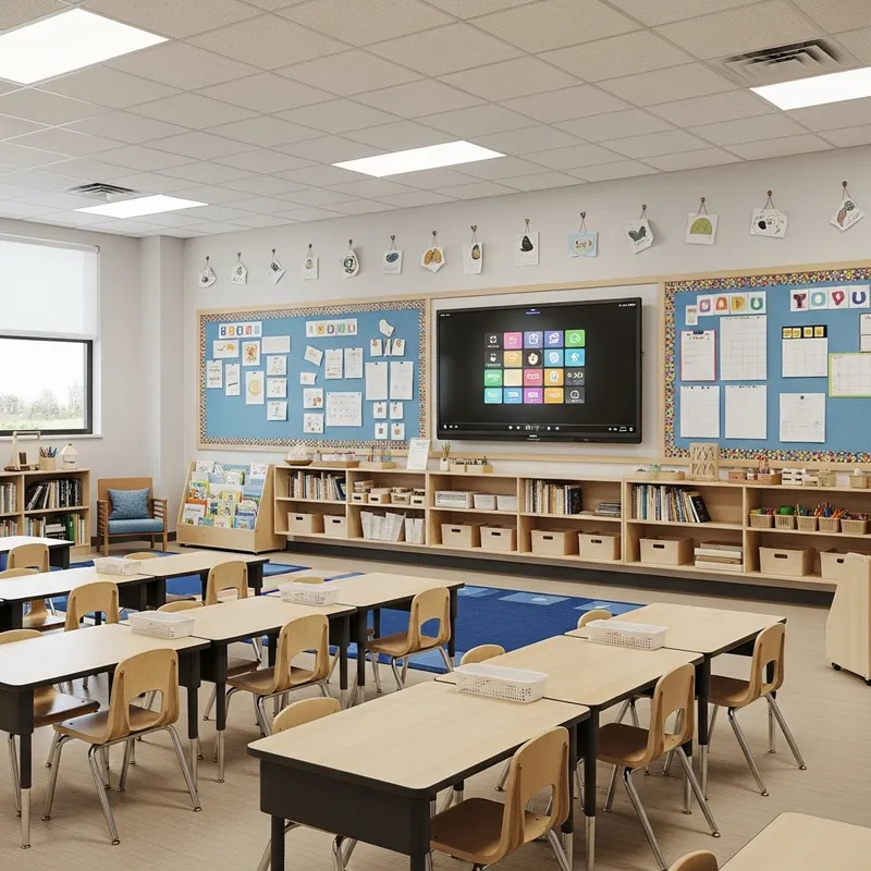 Vibrant Kindergarten Classroom with Smart TV, Reading Corner, and Student Areas Vibrant Kindergarten Classroom with Smart TV, Reading Corner, and Student Areas