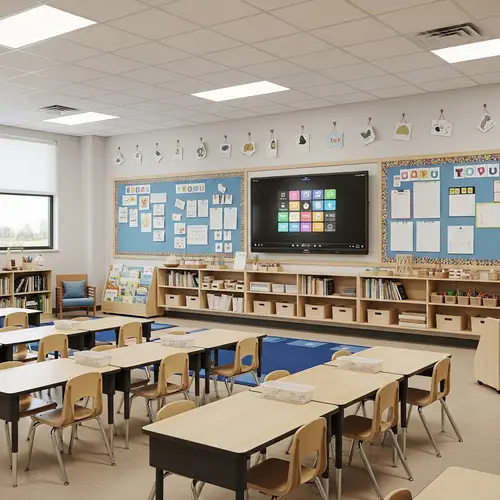 Vibrant Kindergarten Classroom with Smart TV and Reading Corner