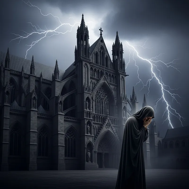 Sinful Gothic Cathedral Silhouette: Divine Repentance & Atonement Sinful Gothic Cathedral Silhouette: Divine Repentance & Atonement