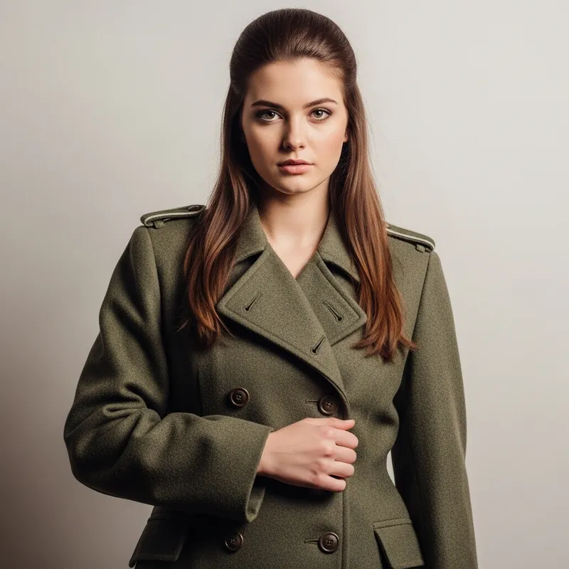 Beautiful German Officer in Trench Coat and Long Brown Hair