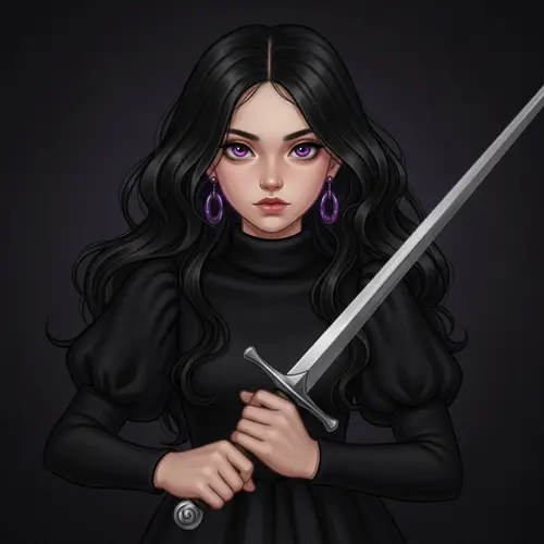 Young English Girl with Black Wavy Hair Holding Sword