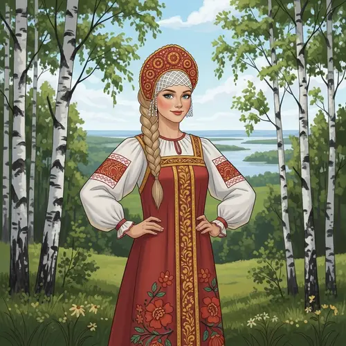 Russian Girl in Traditional Attire | Beautiful Landscape View