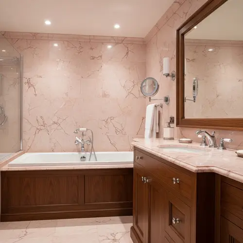 Elegant Bathroom in Pink Marble and Walnut Wood
