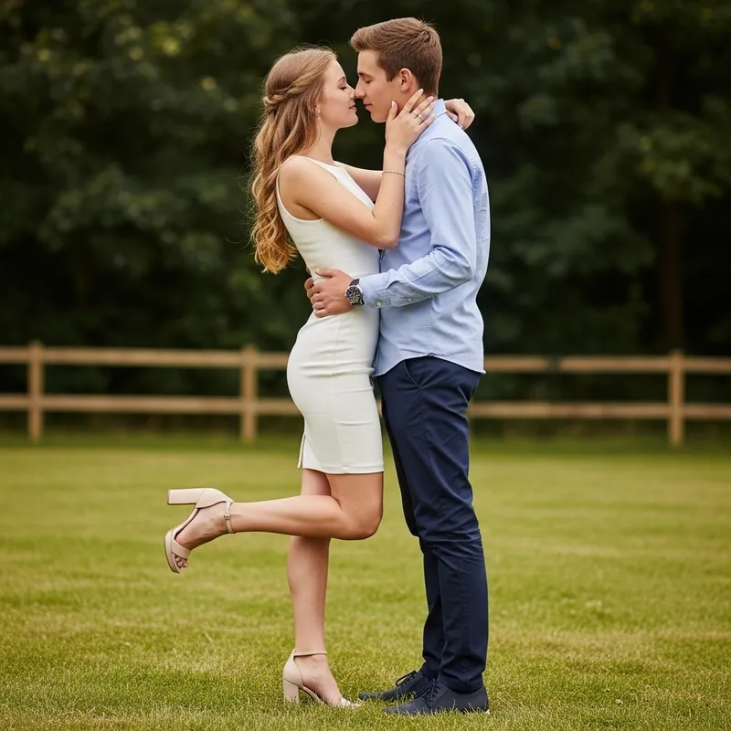Fair Skin Teenage Couple Embracing and Kissing in White Dress | Romantic Scene