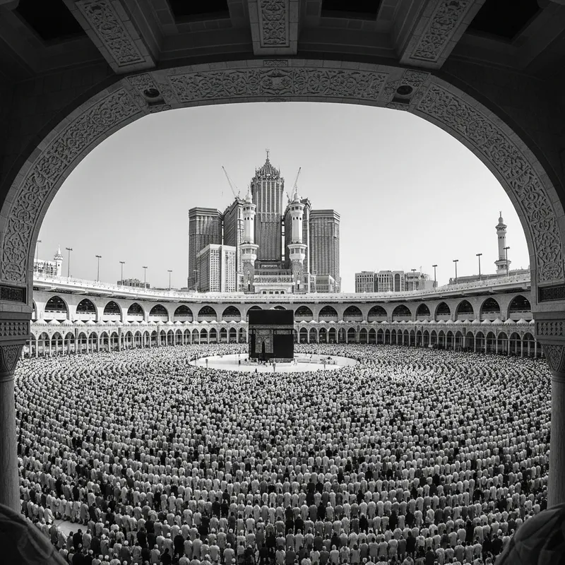 Devout Muslims Praying at Holy Mosque in Mecca - Grandeur in Black and White