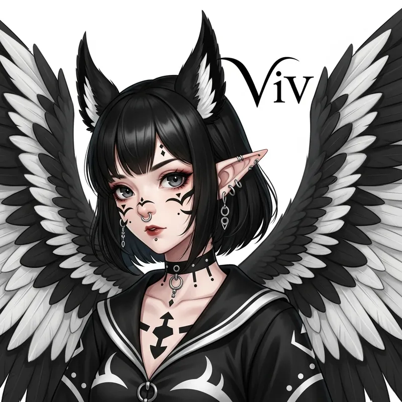 Anime Girl with Black Hair | ViV Signature | Wings, Ears & Nostril Earring