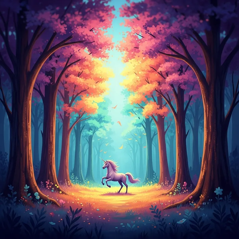 Enchanting Unicorn Galloping Amidst Mystical Forest - Fantasy Art