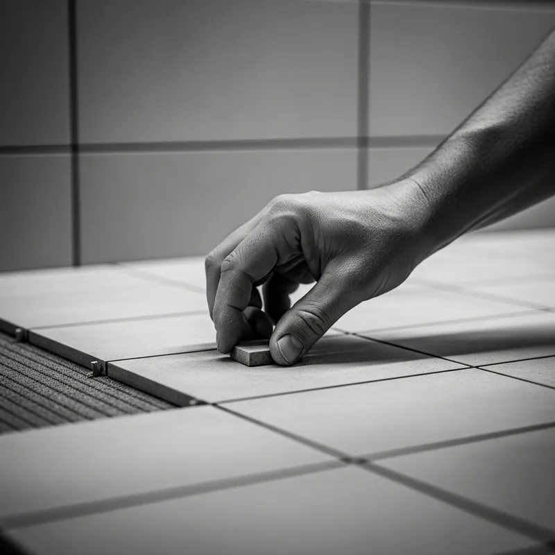 Meticulous Hand Placing Tiles | Black and White Architectural Photo