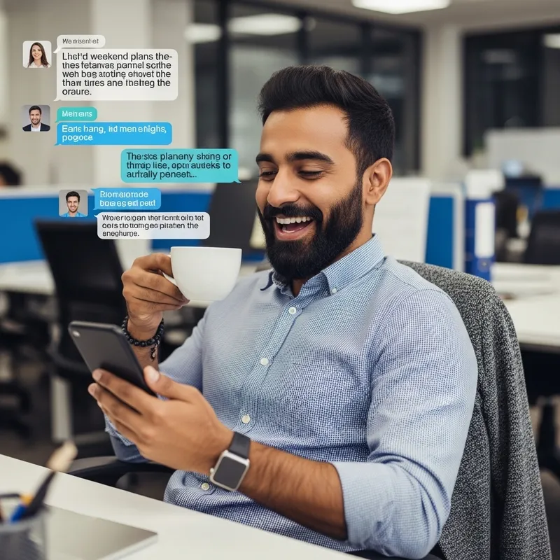 Attractive Man Engaging in Group Chat at Workplace Attractive Man Engaging in Group Chat at Workplace
