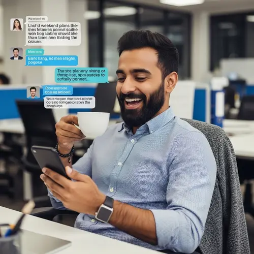 Cheerful Bearded Man Texting Group Chat about Weekend Plans