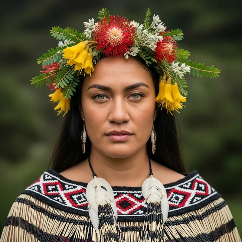 Maori Woman in Traditional Attire, Adorned with Native Flowers - Fine Art Portrait