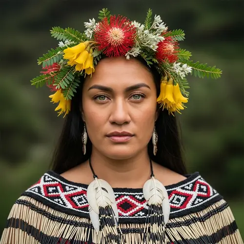 Maori Woman Portrait in Traditional Attire with Native Flowers - Fine Art Photography