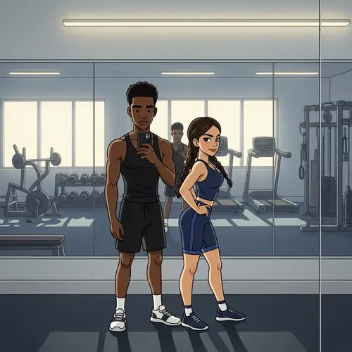 Cartoon Style Gym Selfie of Black & Hispanic 21-Year-Old Couple