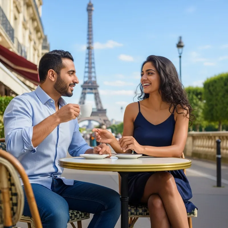 Man Drinking Coffee in Paris with Captivating Woman