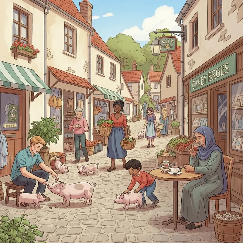 Life in Idyllic Rural Village Center | People and Pigs Interactions