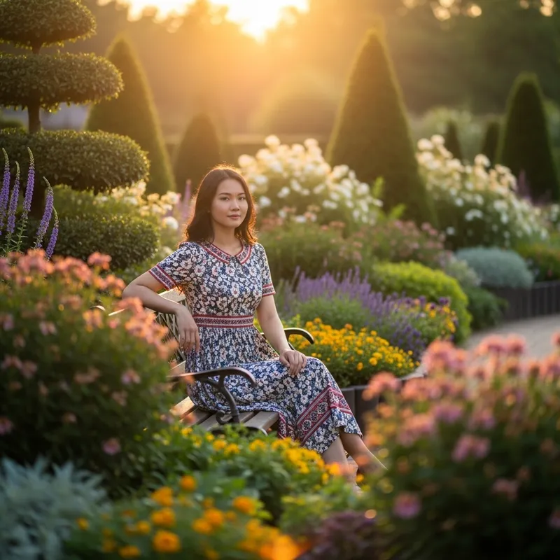 Beautiful Woman in Dress Sitting on Bench in Garden