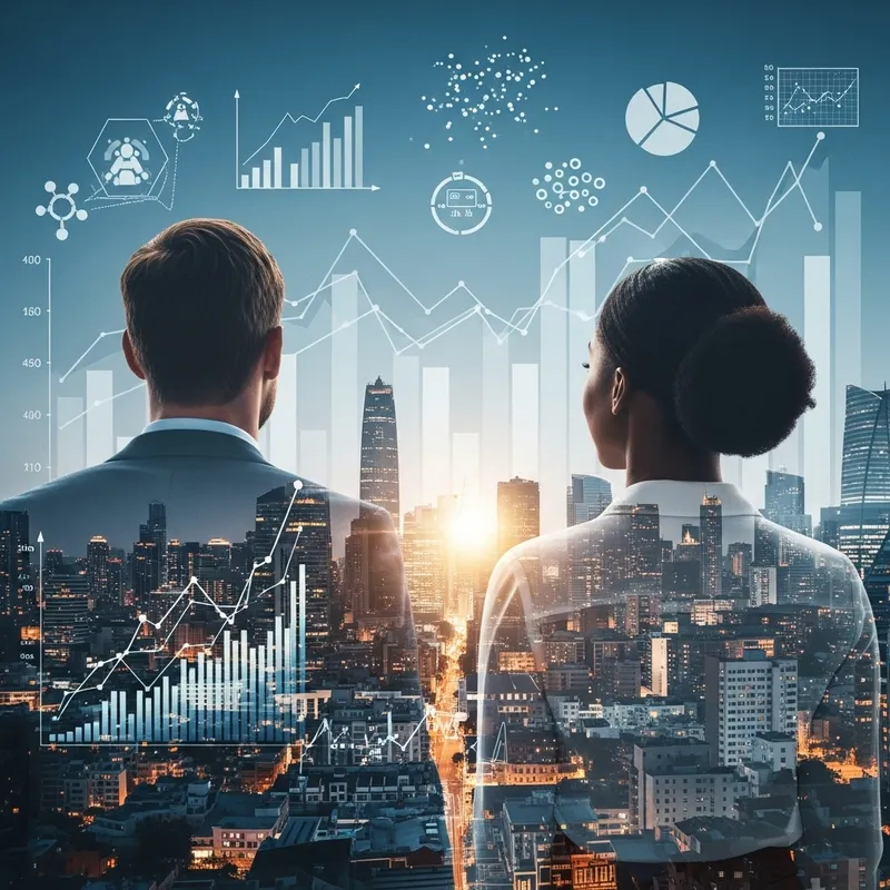 Business Leaders Observing Cityscape with Innovation and Growth Charts