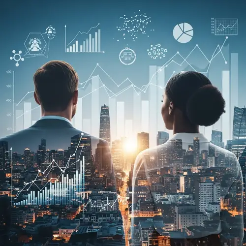 Confident Business Couple in Vibrant Cityscape with Innovative Technology Overlay