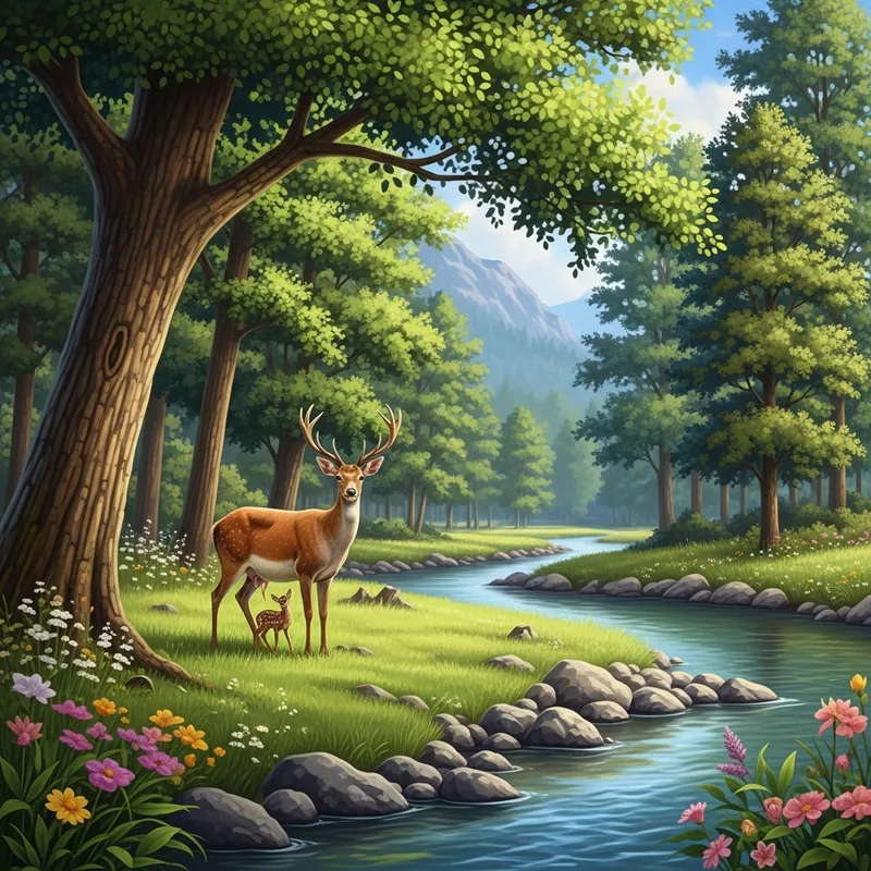 Regal Deer Giving Birth in Forest Near River