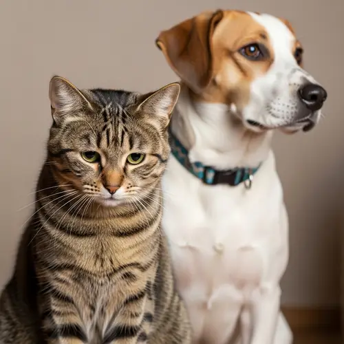 Sorrowful Cat Next to Oblivious Dog - Emotional Domestic Scene