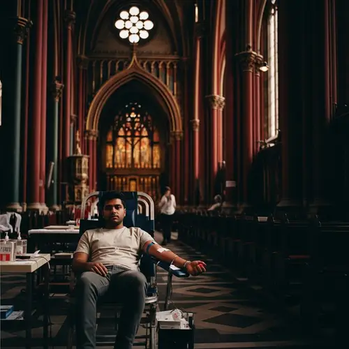 South Asian Male Donating Blood in Dramatic Gothic Cathedral