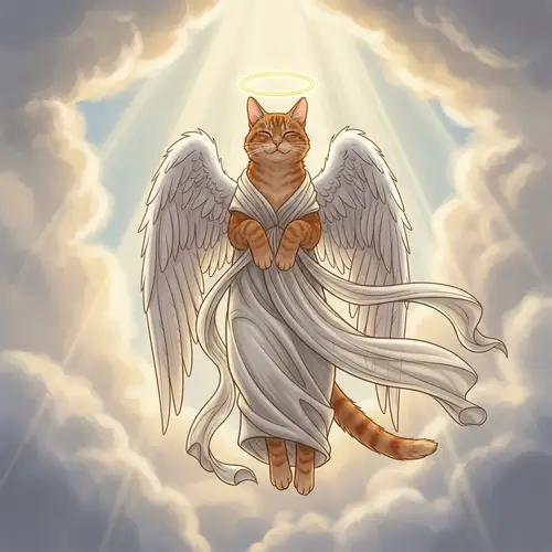 Angelic Red Cat with Wings among Clouds