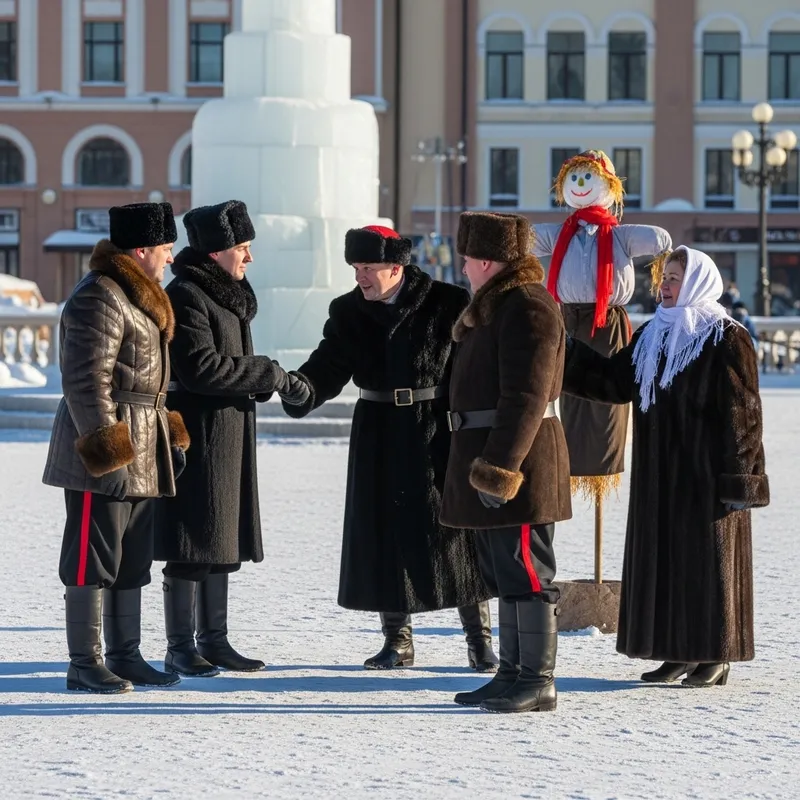 Community Forgiveness Scene: Men in Fur Coats and Breeches, Women in Fur Coats and White Scarves