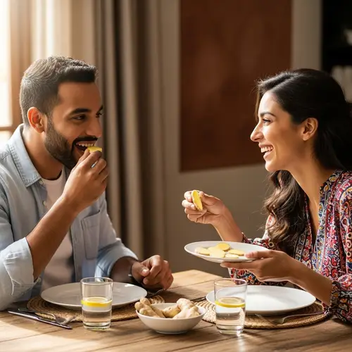 Middle-Eastern Man Dining on Ginger with Hispanic Wife