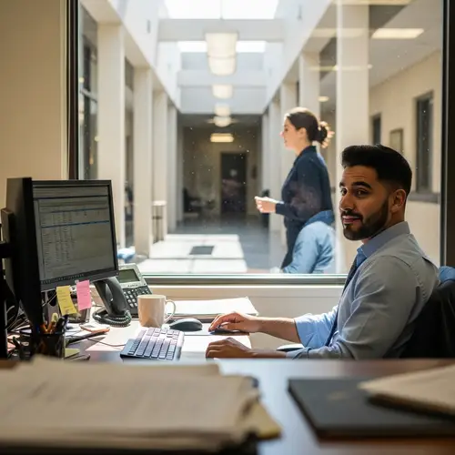 Hispanic Man's Curiosity at Institution's Corridors