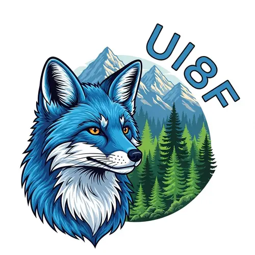 UI8F Logo: Blue Fox & Mountain Forest | Amateur Radio Call Sign