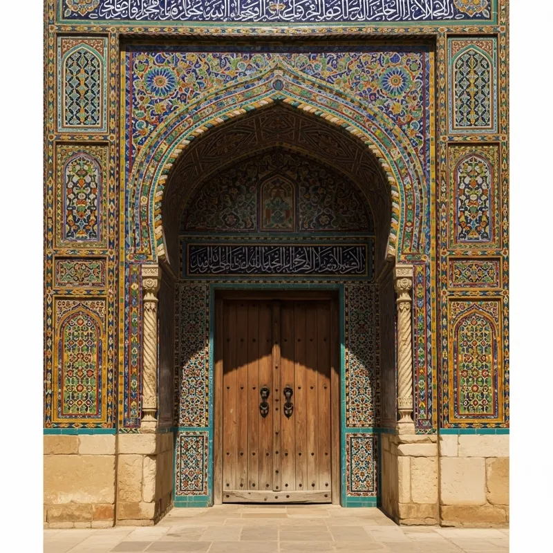 Intricate Mosaic Archway & Wooden Door | Cultural Heritage
