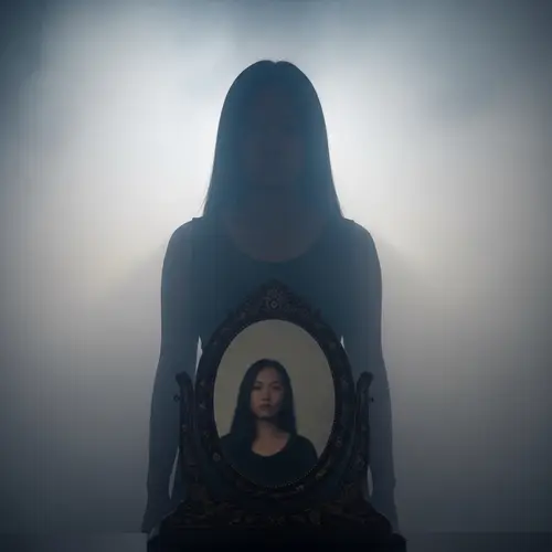 Asian Woman Enveloped in Mystical Fog | Antiquated Mirror Reflection