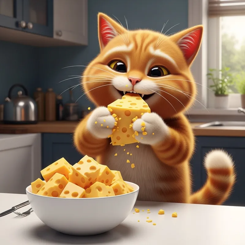 Adorable Orange Cat Eating Cheese | Realistic Kitchen Scene