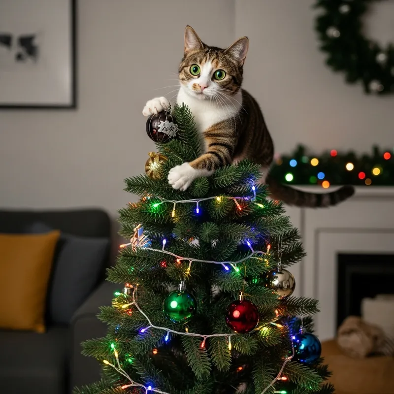 Playful Cat Climbing Christmas Tree